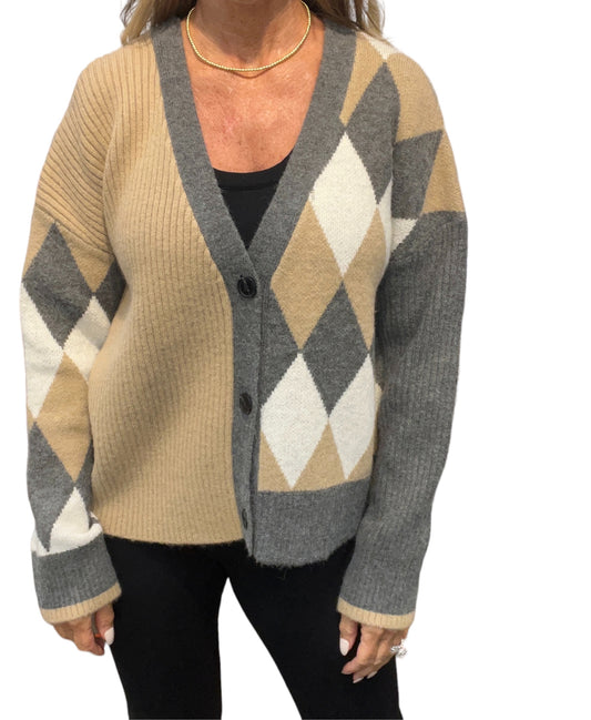 NS1162-C - Camel - Button Front Cardigan with Argyle A2665 - Pack