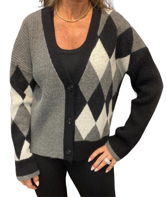 NS1162-G - Grey - Button Front Cardigan with Argyle A2666 - Pack