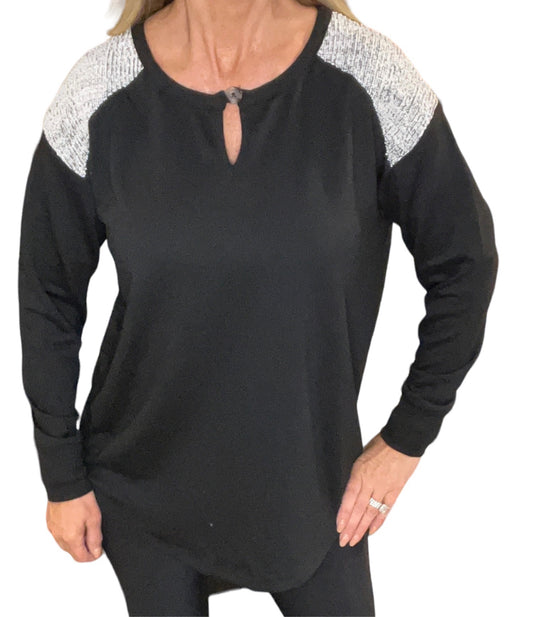 FK60134-B - Black - Boucle Trim Keyhole Long Sleeve Top A2774 - Pack