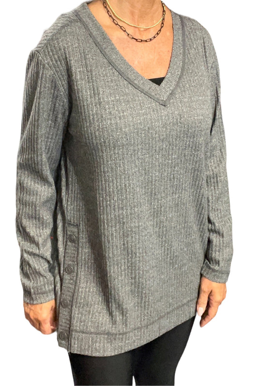 FK60130-C - Charcoal - V-Neck Rib Top Long Sleeve Button Side A2775 - Pack
