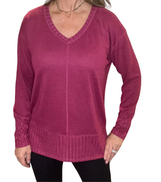 FK60128-W - Wine - V-Neck Hacci Ribbed Top - Long Sleeve A2971 - Pack