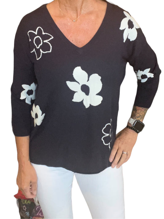 NS1449-N - Navy - V-Neck Flower Sweater A3212 - Pack