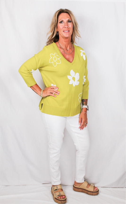 NS1449-L - Lime w/ White - V-Neck Flower Sweater A3219 - Pack