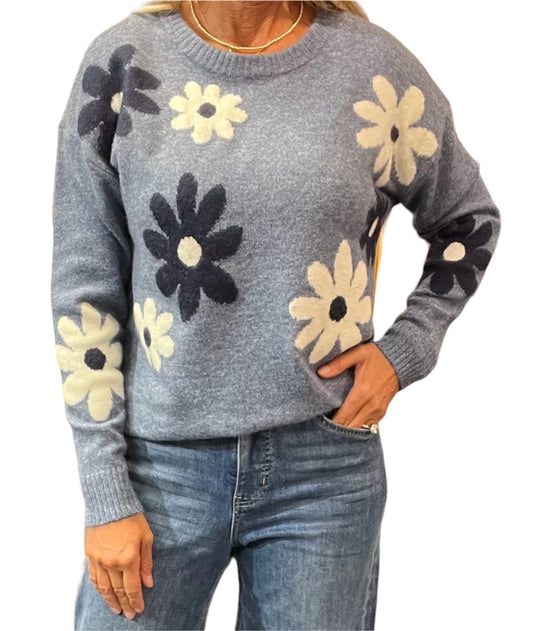 NS1558-D - Denim Combo - Crew V-Neck Long Sleeve Flower Sweater A3260 - Pack