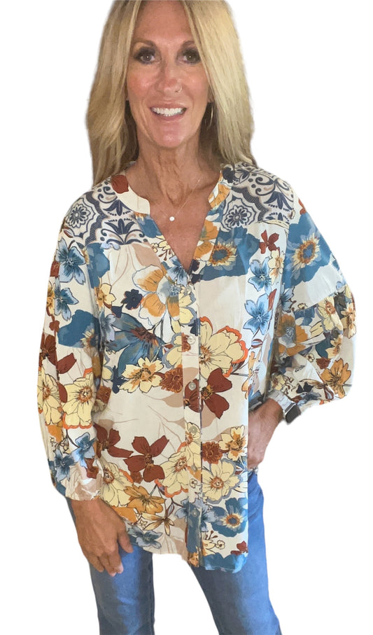 VAL66N02-B - Blue Ginger - Button Front Print Blouse A3314 - Pack
