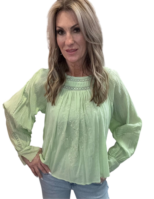 SB1039-S - Sage - Embroidered Long Sleeve blouse A3705 - Pack