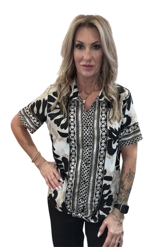 G246977N81-T - Tan Khaki Ivory - Tie Short Sleeve Blouse A3734 - Pack