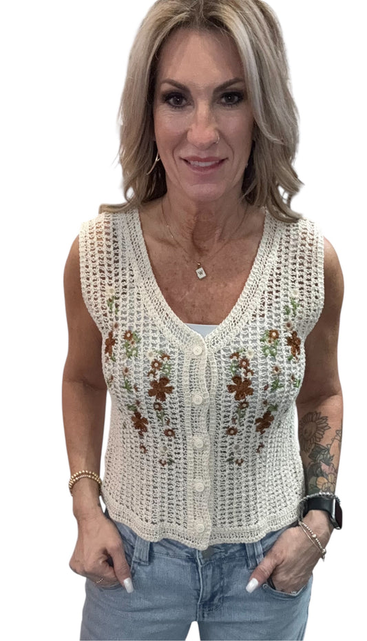 CO45-I - Ivory - Crochet Button Front Embroidered Vest A3744 - Pack