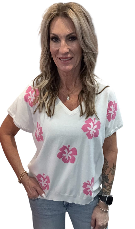 NS2234-W - White Pink - Hibiscus V-Neck Sweater Short Sleeve A3762 - Pack