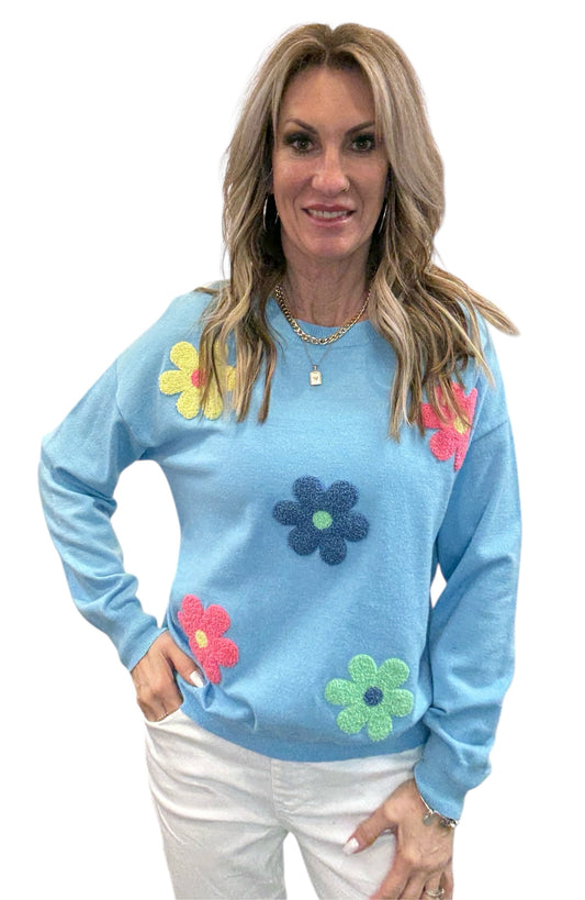 NS2242-S - Sky - Crew V-Neck Flower Sweater A3764 - Pack