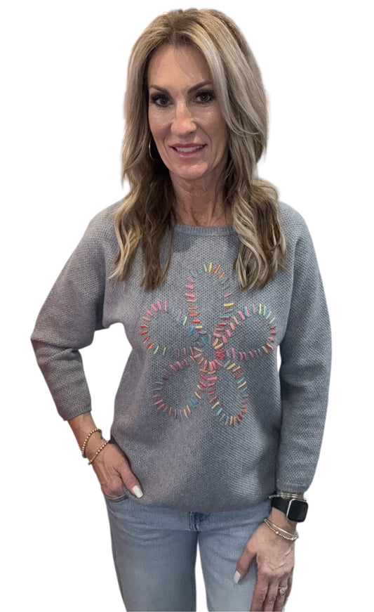 NS2057-H - Heather Grey - Embroidered Flower Crew V-Neck A3766 - Pack