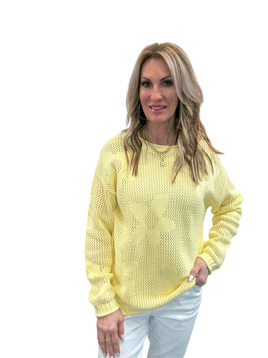 NS1674-L - Lemon - Crew V-Neck Pointelle Flower Sweater A3769 - Pack