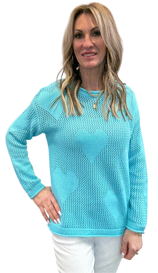 NS2159-A - Aqua - Crew V-Neck Pointelle Heart Sweater A3771 - Pack