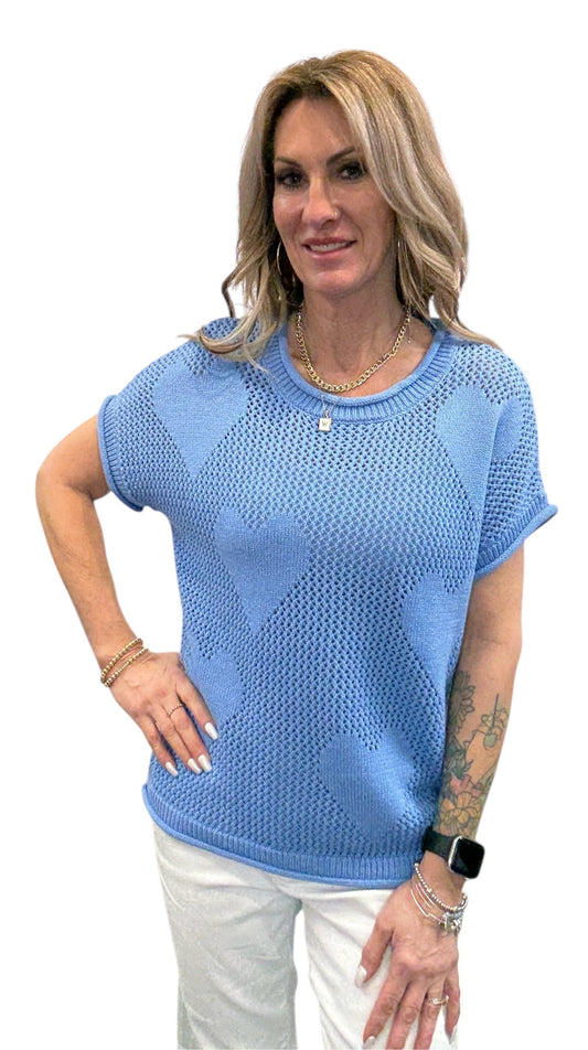 NS2167-O - Ocean - Short Sleeve Crew V-Neck Heart Sweater A3772 - Pack