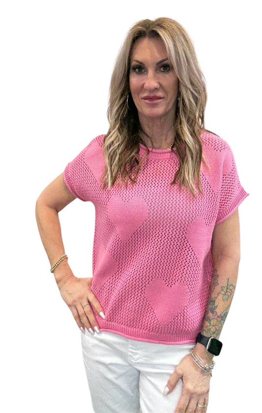 NS2167-P - Pink - Short Sleeve Crew V-Neck Heart Sweater A3773 - Pack