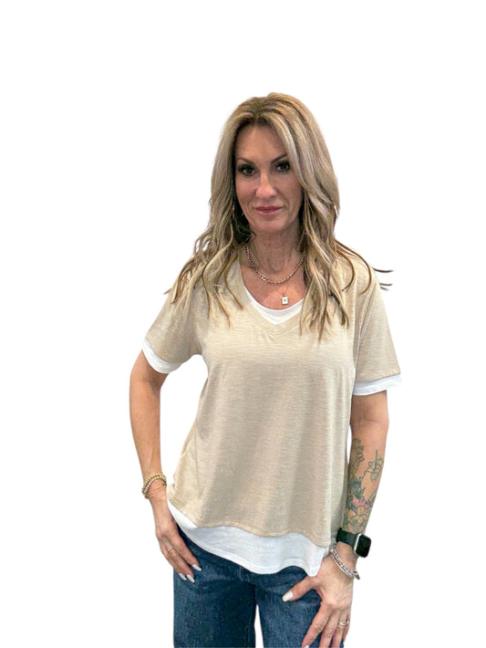 NK1556-L -  - Short Sleeve V-Neck Top With Under Layer A3780 - Pack