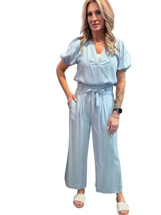 CW022507-M - Musty Denim - Short Puff Sleeve Slit V-Neck Top Tencel A3855 - Pack