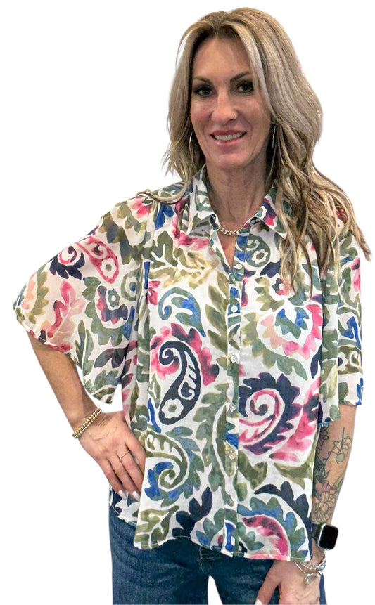 ST81WEBL4-V - Victoria Blue Pink Multi - Short Sleeve Button Front Blouse A3883 - Pack
