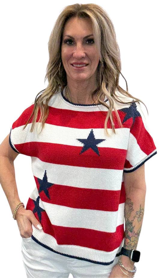 NS2278-R - Red - Short Sleeve Stripe Stars Sweater A3900 - Pack