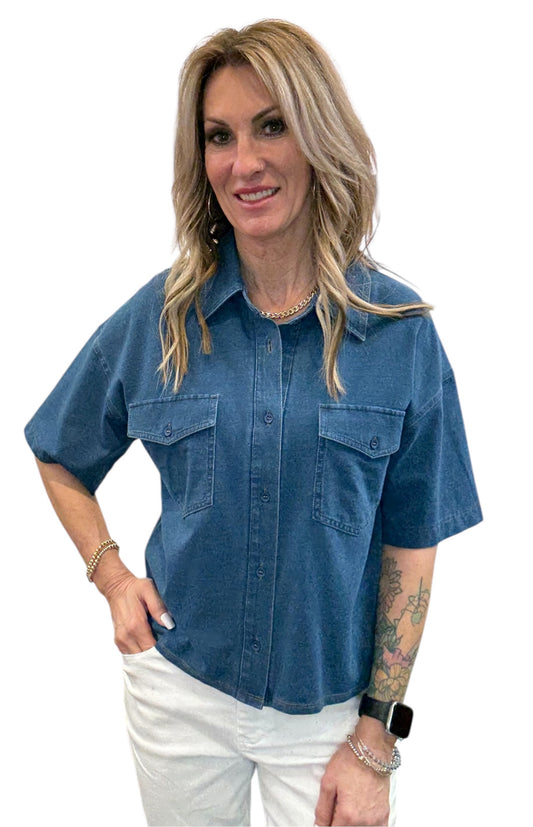 K362518-M - Medium Wash - 2 Pocket Button Front Boxy Shirt A3918 - Pack