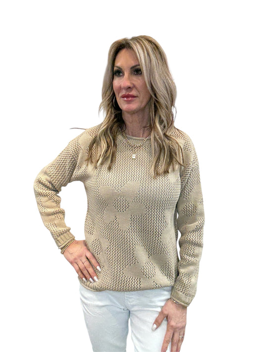 NS1674-K - Khaki - Crew V-Neck Pointelle Flower Sweater A3768 - Pack