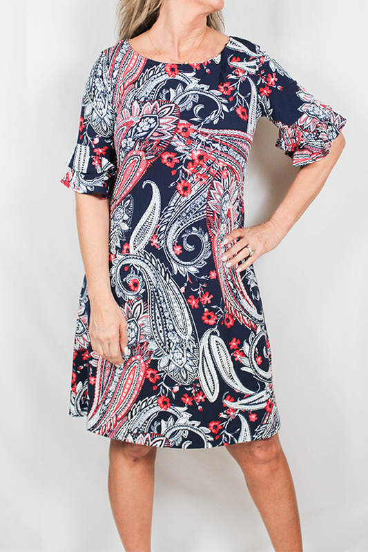 V2163254-N - Navy - Puff Print Paisley Dress - A155 - Pack