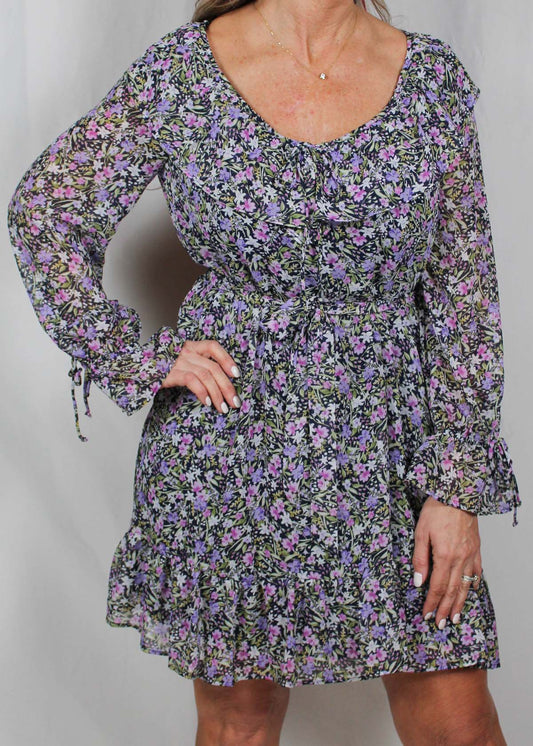 D2362361-B - Black/Purple - Floral Ruffle Neck Dress A1720 - Pack