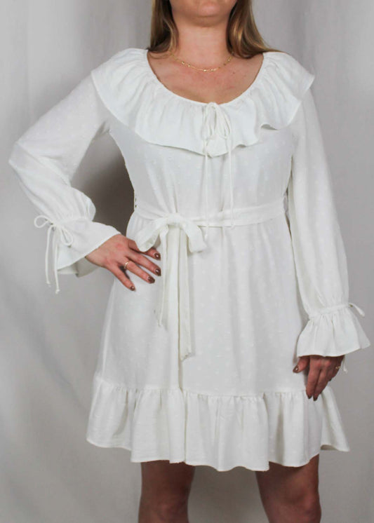 D2362369-I - Ivory Dot Tie Waist Ruffle Neck Dress A1721 - Pack