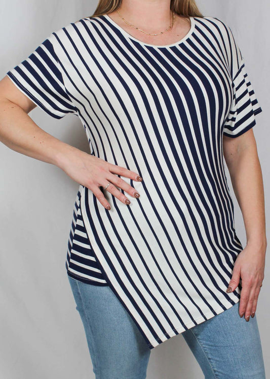 A1036-N - Navy / Ivory - Short Sleeve Asymetrical Hem Top A2013 - Pack