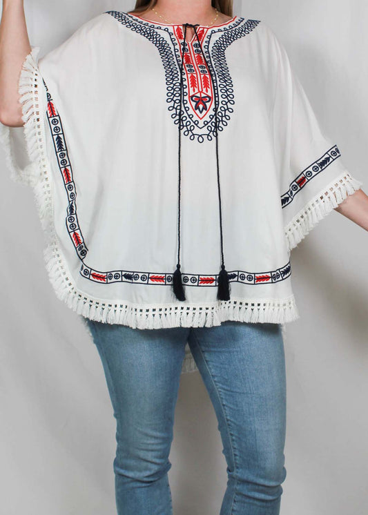 SWP1935-W - White - Embroidered Poncho A2057 - Pack