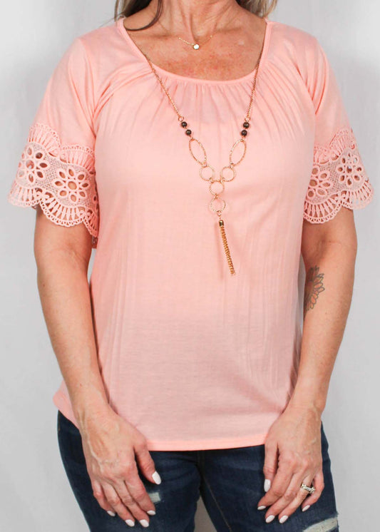 MN35548D-B - Blushing Coral - Lace Sleeve Necklace Top A2126 - Pack