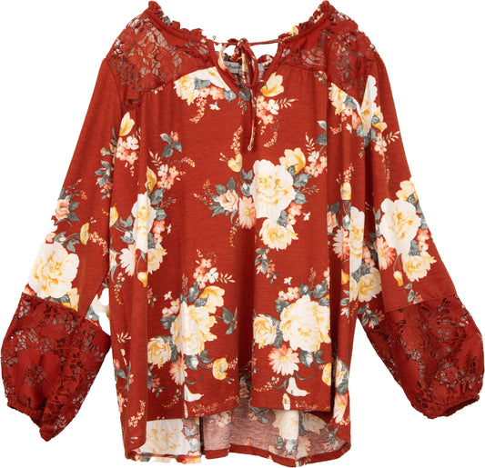 LF705AA47-N - Nutmeg - Long Peasant Sleeve Top with Lace Neck Tie A2171 - Pack