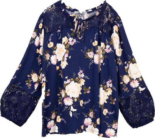 LF705AA47-NA - Navy - Long Peasant Sleeve Top with Lace Neck Tie A2172 - Pack