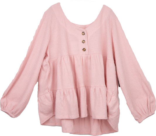 LF744AF67-D - Dusty Pink - L/S V-Neck Henley Babydoll Top A2173 - Pack