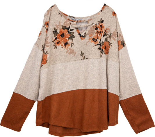 LF784AF75-O - Oatmeal Heather - Long Sleeve Scoop Neck Color Block Top A2175 - Pack