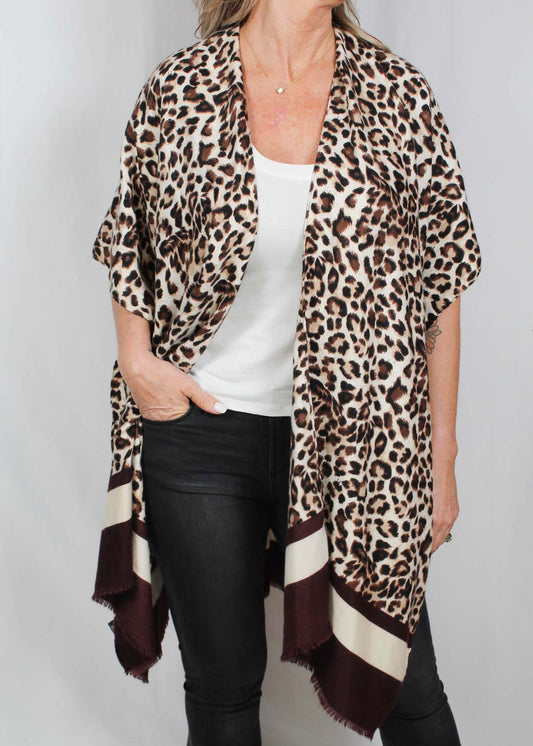 SWK-2013-B - Brown - Stripe Border Leopard Kimono A2336 - Pack