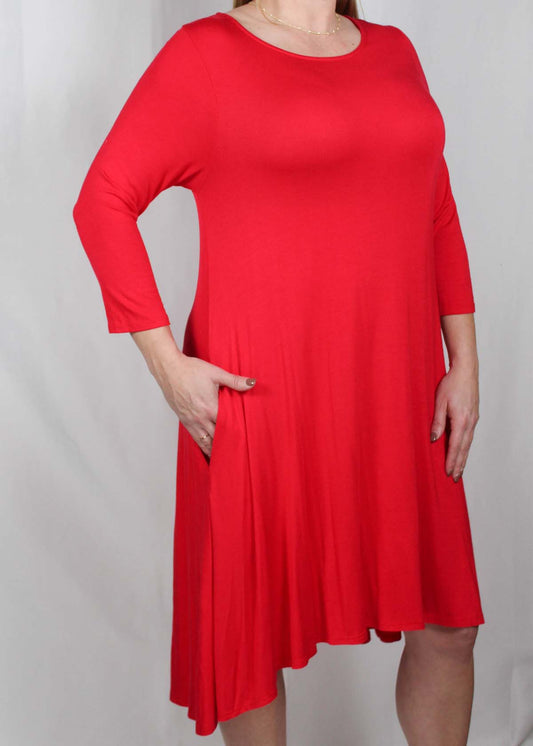 D4722M-R - Red - 2 Pocket 3/4 Sleeve Aline Dress A2398 - Pack