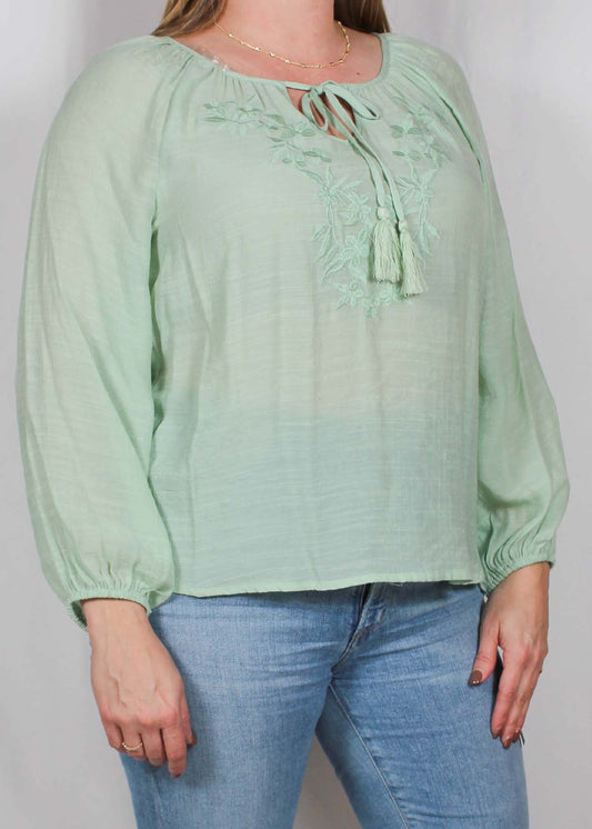 ST81JQ8U3-G - Frosty Green - Embroidered Front Tie Neck Blouse A2405 - Pack