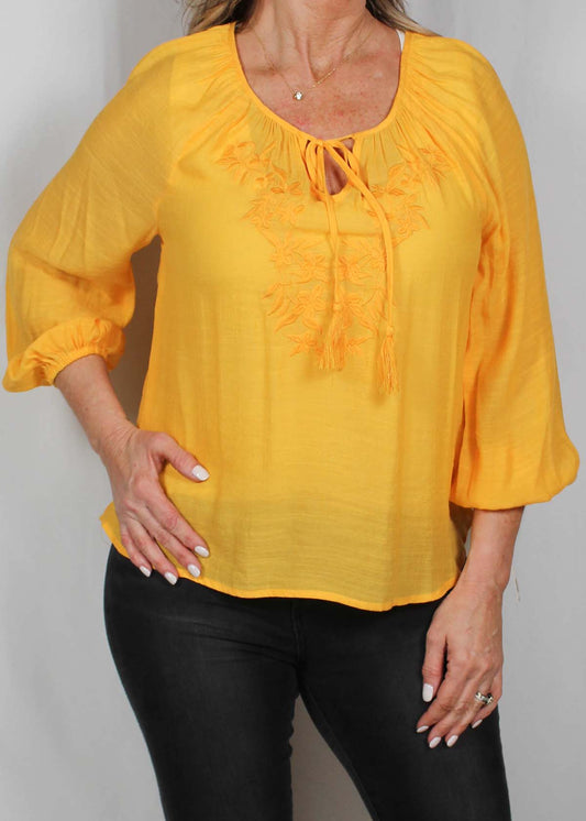 ST81JQ8U3-Y - Amber Yellow - Embroidered Front Tie Neck Blouse A2406 - Pack