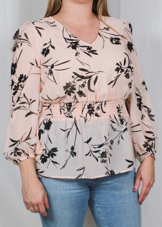 ST815202X-B - Pale Blush / Black - Long Sleeve Elastic Waist Blouse A2468 - Pack