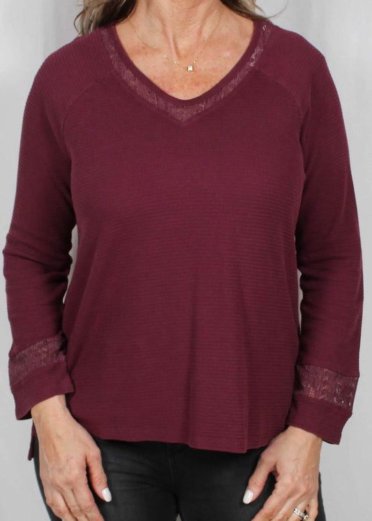 MX1Y889-M - Twilight Magenta - 3/4 Sleeve Lace Insert Hi/Low V Neck Top with Lace Inserts A2508 - Pack