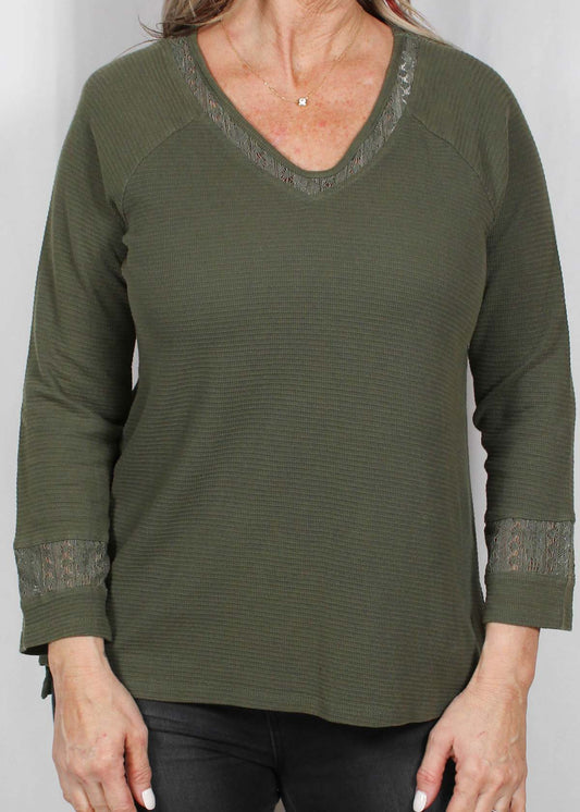 MX1Y889-N - North Sea Green - 3/4 Sleeve Lace Insert Hi/Low V Neck Top with Lace Inserts A2509 - Pack