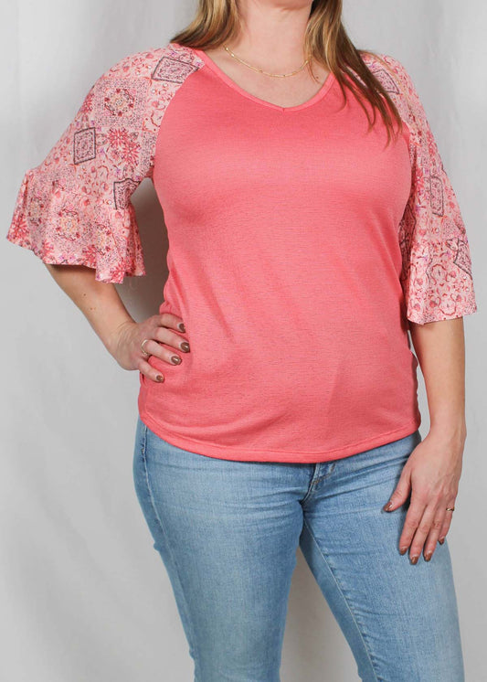 MH524AA39-C - Coral - 3/4 Ruffle Sleeve Top A2597 - Pack