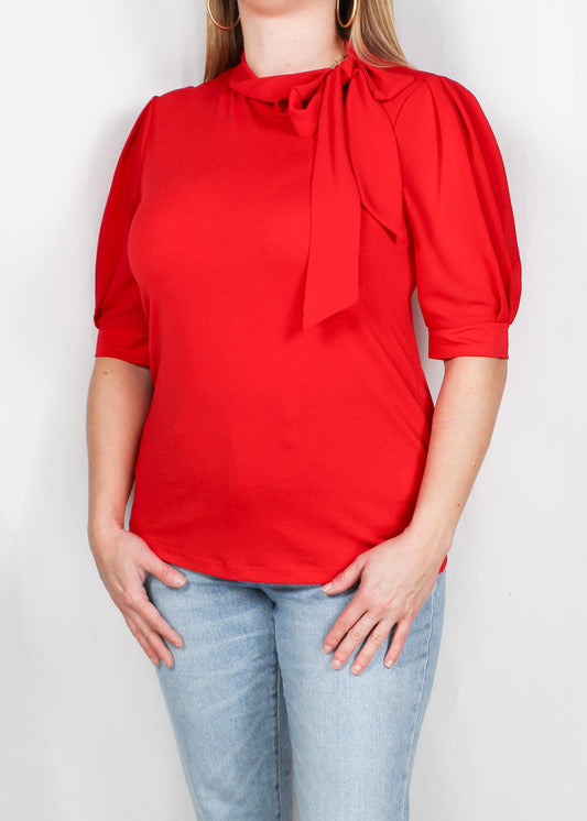 CS1Y763-R - Red Romance - Crew Neck Pleat Sleeve Tie Neck Top A2616 - Pack